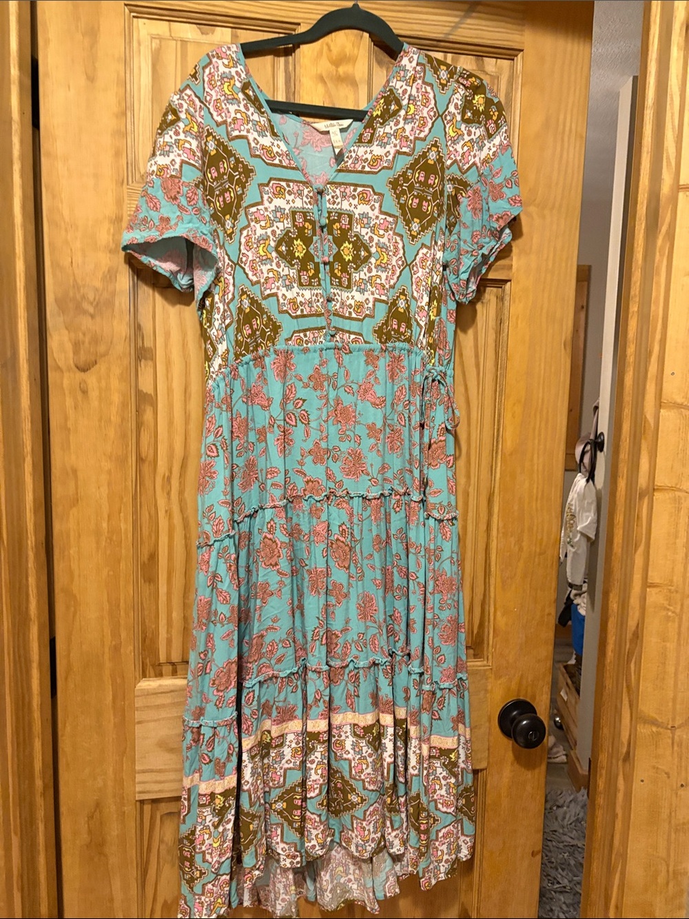 Matilda Jane Aqua and Coral Printed Tiered Midi Dress